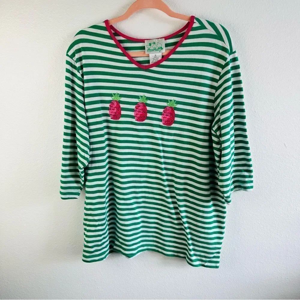 Quacker Factory Green White‎ Stripe Pineapple Top Size 1X